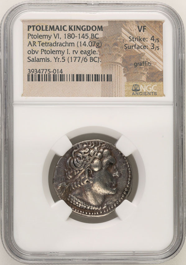 Grecja, Salamis (Cypr). Ptolemeusz VI Philometor 180-145 pne AR - tetradrachma NGC VF
